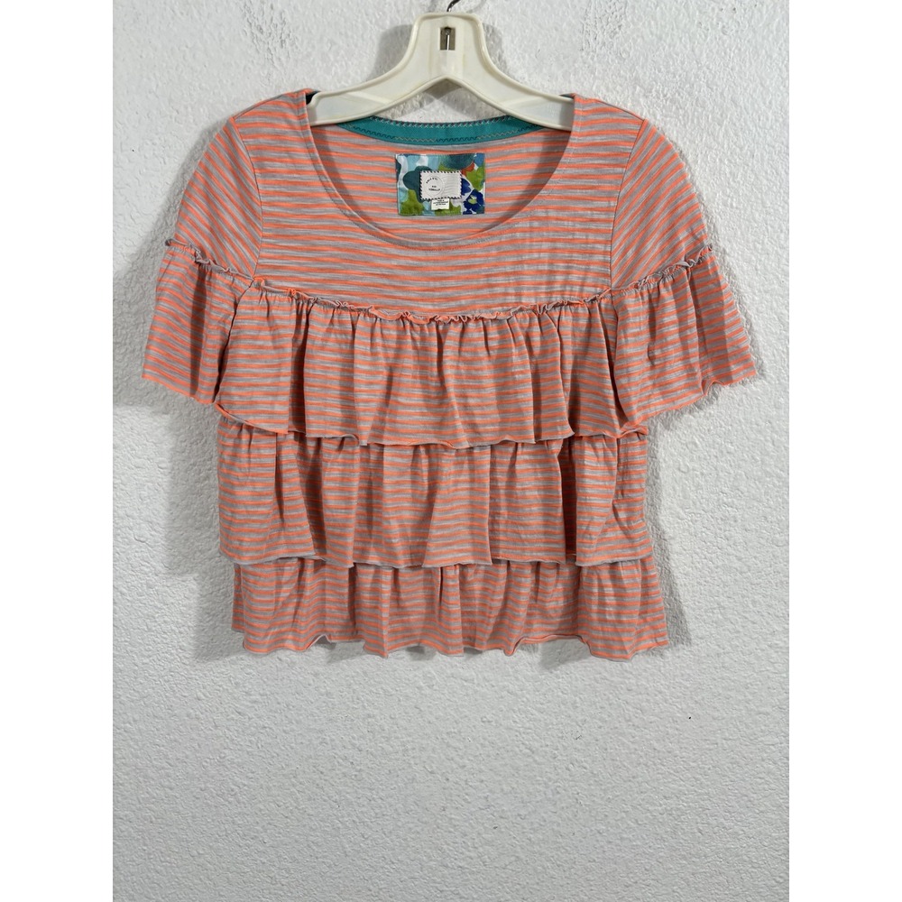 Anthropologie Postmark Shirt Womens XS Petite Beige Orange Striped Tiered Ruffle